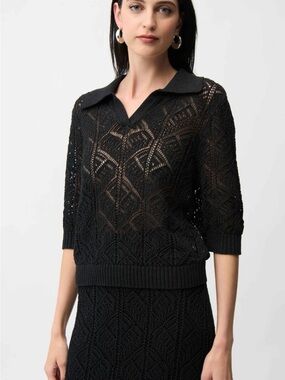 Joseph Ribkoff 261929 Black Knit Pointelle Polo Sweater
